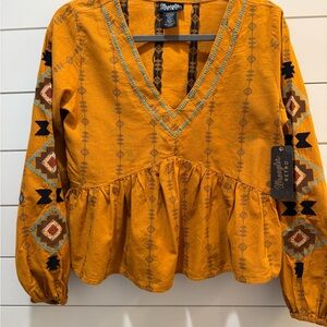 Wrangler Yellow Peplum Blouse with V-Neck and Embellished Sleeves